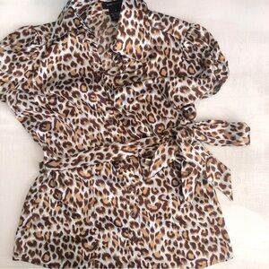 [BCBGMaxAzria] Slinky Satin Leopard Print Button Front Sash Tie Waist Fitted Top